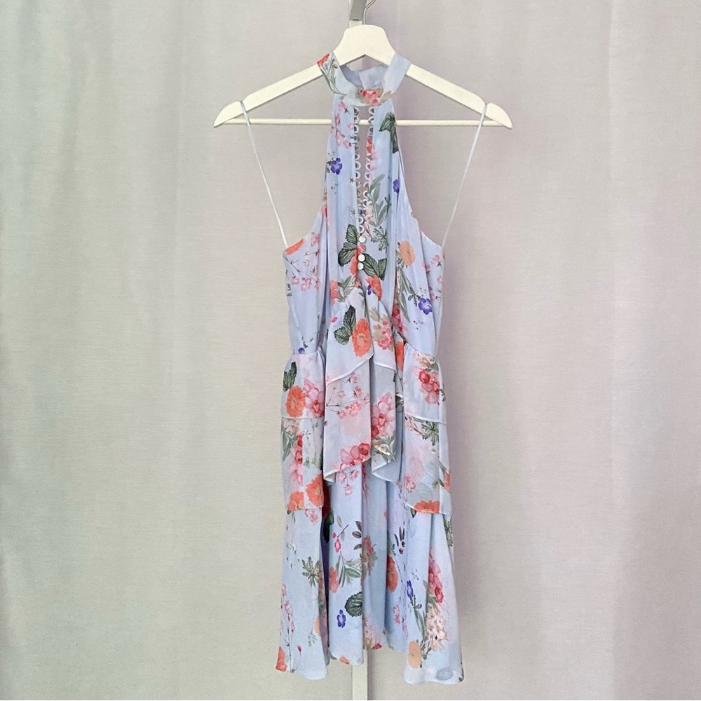 Express Floral Ruffle Halter Neck Dress in Blue — 0